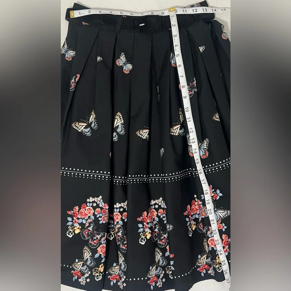 Hell Bunny Retro Butterfly Floral Pleated Midi Skirt Black Cotton Vintage Pinup